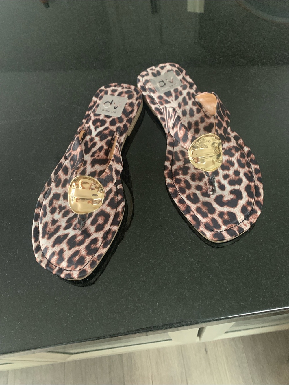 DV by Dolce Vita Leopard Print Thong Sandals with Gold Accent